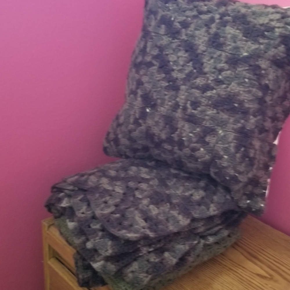 Lap Camouflage Afghan Crocheted Blanket and Matching Pillow